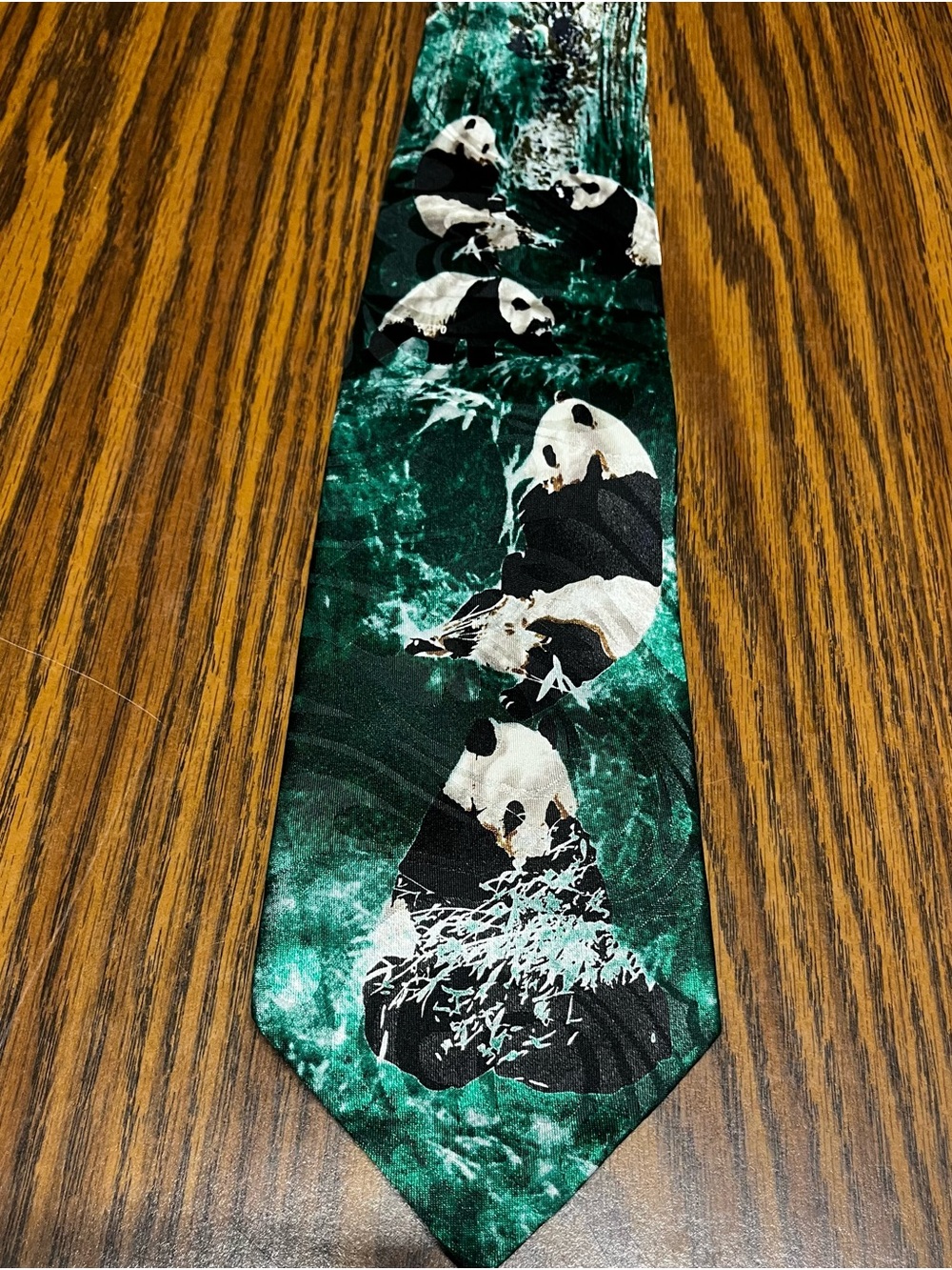 Gold City Novelty Panda Print Silk Tie in Teal Green and Black